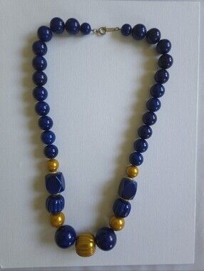 Vintage Chunky Cobalt Blue & Gold Resin Bead Necklace, Retro Geometric Statement